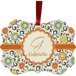 Swirls & Floral Metal Frame Ornament - Double Sided w/ Name and Initial