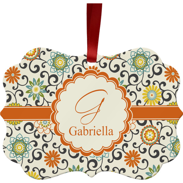 Custom Swirls & Floral Metal Frame Ornament - Double Sided w/ Name and Initial