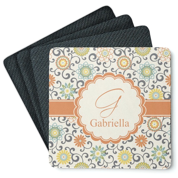 Custom Swirls & Floral Square Rubber Backed Coasters - Set of 4 (Personalized)