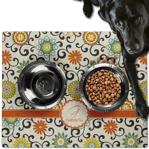 Custom Swirls & Floral Dog Food Mat - Large w/ Name and Initial