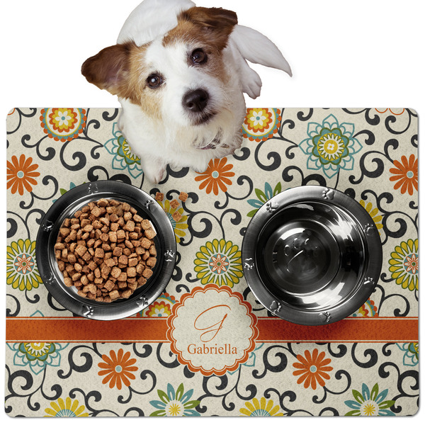 Custom Swirls & Floral Dog Food Mat - Medium w/ Name and Initial