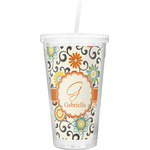 Swirls & Floral Double Wall Tumbler with Straw (Personalized)