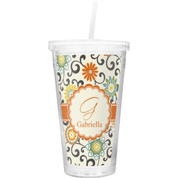 Swirls & Floral Double Wall Tumbler with Straw (Personalized)