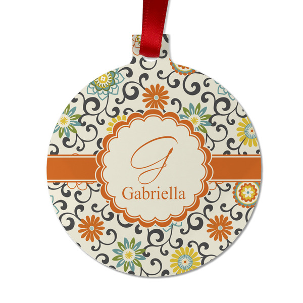 Custom Swirls & Floral Metal Ball Ornament - Double Sided w/ Name and Initial