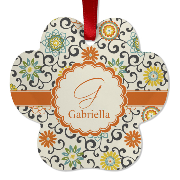 Custom Swirls & Floral Metal Paw Ornament - Double Sided w/ Name and Initial