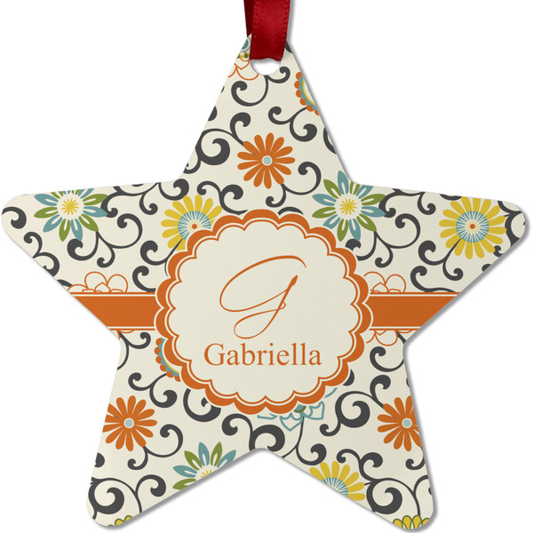 Custom Swirls & Floral Metal Star Ornament - Double Sided w/ Name and Initial