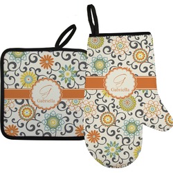 Swirls & Floral Right Oven Mitt & Pot Holder Set w/ Name and Initial