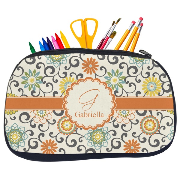 Custom Swirls & Floral Neoprene Pencil Case - Medium w/ Name and Initial