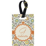 Swirls & Floral Plastic Luggage Tag - Rectangular w/ Name and Initial