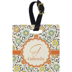 Swirls & Floral Plastic Luggage Tag - Square w/ Name and Initial