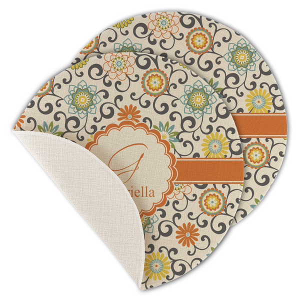 Custom Swirls & Floral Round Linen Placemat - Single Sided - Set of 4 (Personalized)