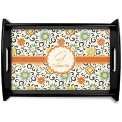 Swirls & Floral Black Wooden Tray - Small (Personalized)