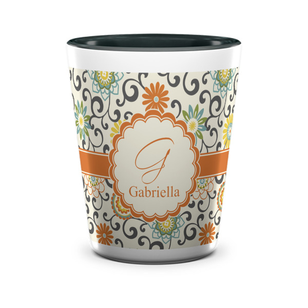 Custom Swirls & Floral Ceramic Shot Glass - 1.5 oz - Two Tone - Single (Personalized)