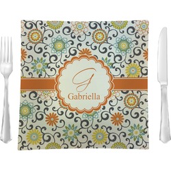 Swirls & Floral Glass Square Lunch / Dinner Plate 9.5" (Personalized)