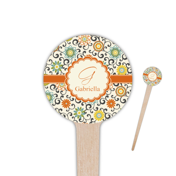 Custom Swirls & Floral 4" Round Wooden Food Picks - Single Sided (Personalized)