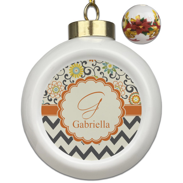 Custom Swirls, Floral & Chevron Ceramic Ball Ornaments - Poinsettia Garland (Personalized)