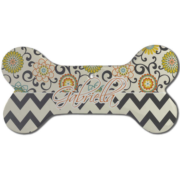 Custom Swirls, Floral & Chevron Ceramic Dog Ornament - Front w/ Name and Initial