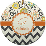 Swirls, Floral & Chevron Round Ceramic Ornament w/ Name and Initial