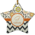 Swirls, Floral & Chevron Star Ceramic Ornament w/ Name and Initial