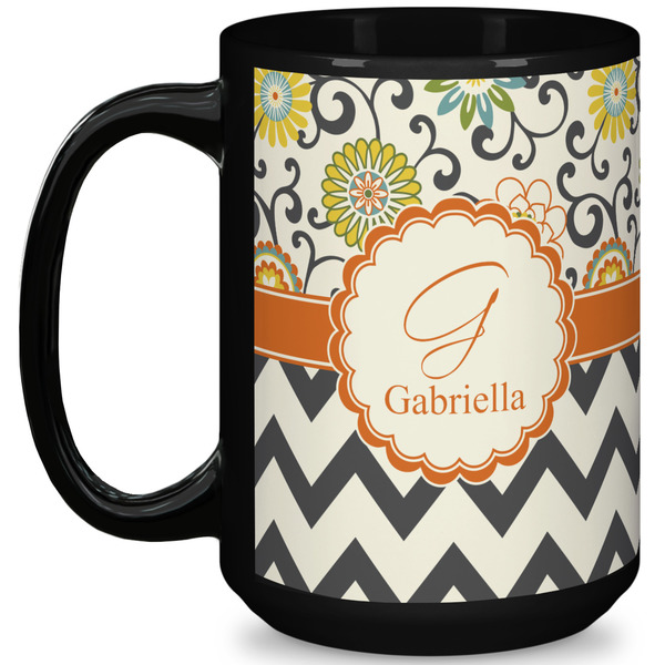 Custom Swirls, Floral & Chevron 15 Oz Coffee Mug - Black (Personalized)