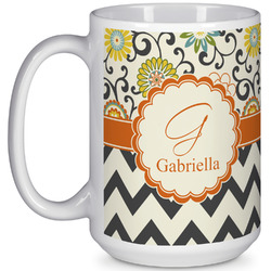 Swirls, Floral & Chevron 15 Oz Coffee Mug - White (Personalized)