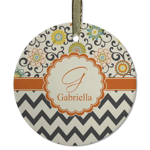 Custom Swirls, Floral & Chevron Flat Glass Ornament - Round w/ Name and Initial