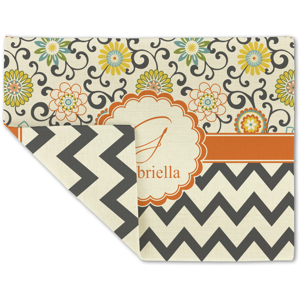 Custom Swirls, Floral & Chevron Double-Sided Linen Placemat - Single w/ Name and Initial