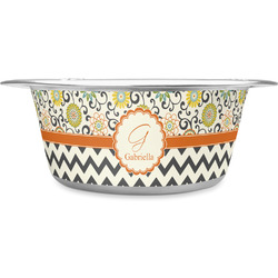 Swirls, Floral & Chevron Stainless Steel Dog Bowl - Large (Personalized)