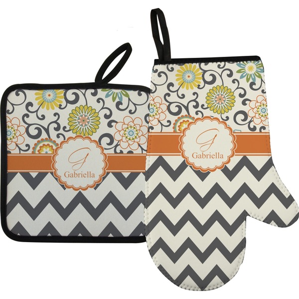 Custom Swirls, Floral & Chevron Oven Mitt & Pot Holder Set w/ Name and Initial