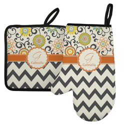 Swirls, Floral & Chevron Left Oven Mitt & Pot Holder Set w/ Name and Initial