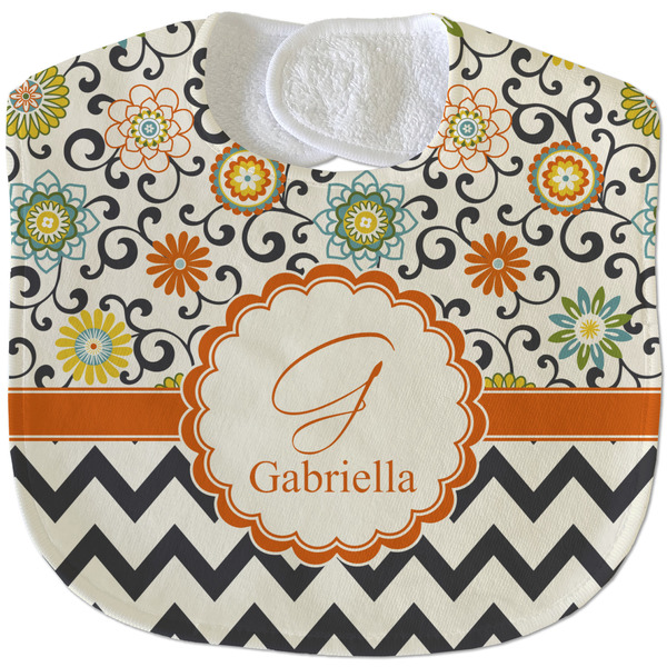 Custom Swirls, Floral & Chevron Velour Baby Bib w/ Name and Initial