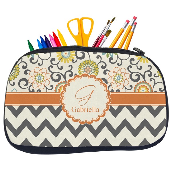 Custom Swirls, Floral & Chevron Neoprene Pencil Case - Medium w/ Name and Initial