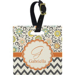 Swirls, Floral & Chevron Plastic Luggage Tag - Square w/ Name and Initial