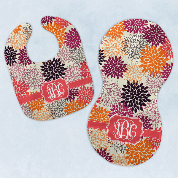 Custom Mums Flower Baby Bib & Burp Set w/ Monogram