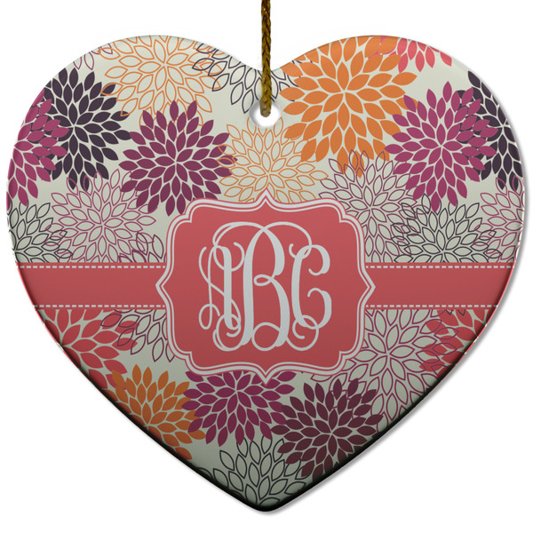 Custom Mums Flower Heart Ceramic Ornament w/ Monogram