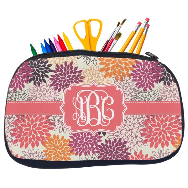 Custom Mums Flower Neoprene Pencil Case - Medium w/ Monogram