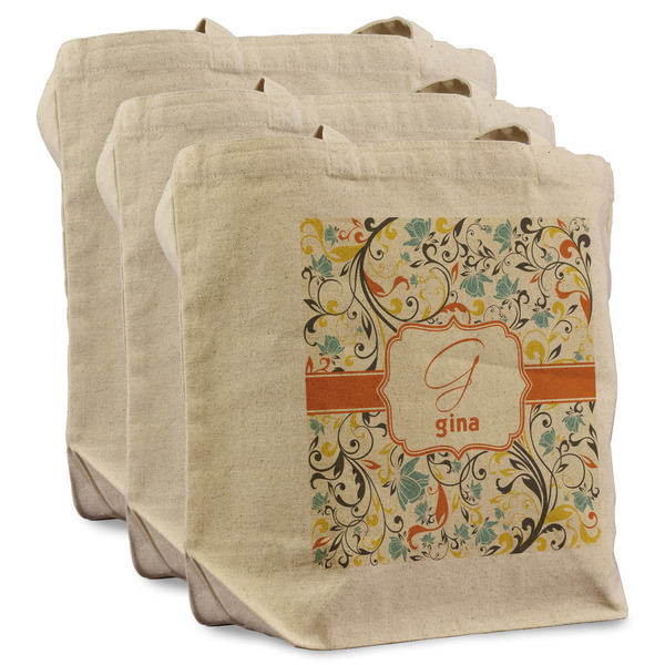 Custom Swirly Floral Reusable Cotton Grocery Bags - Set of 3 (Personalized)