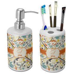 Swirly Floral Ceramic Bathroom Accessories Set (Personalized)
