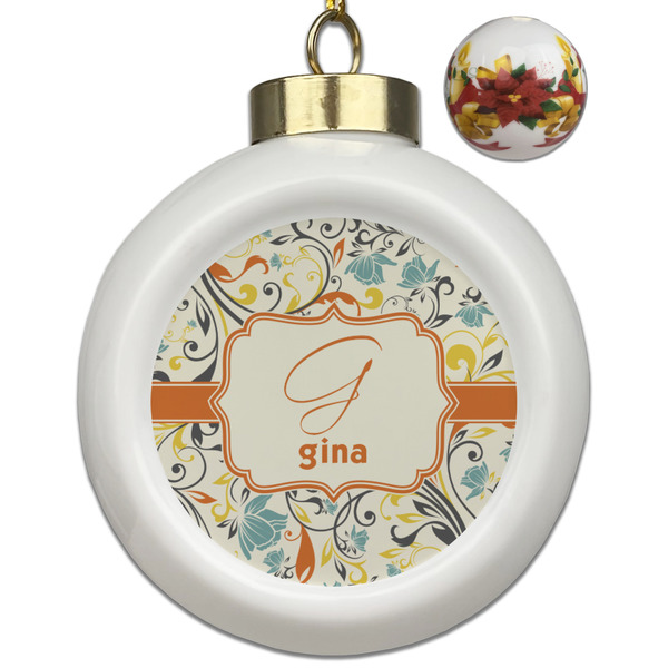 Custom Swirly Floral Ceramic Ball Ornaments - Poinsettia Garland (Personalized)