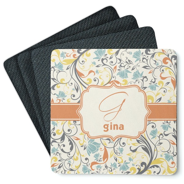 Custom Swirly Floral Square Rubber Backed Coasters - Set of 4 (Personalized)