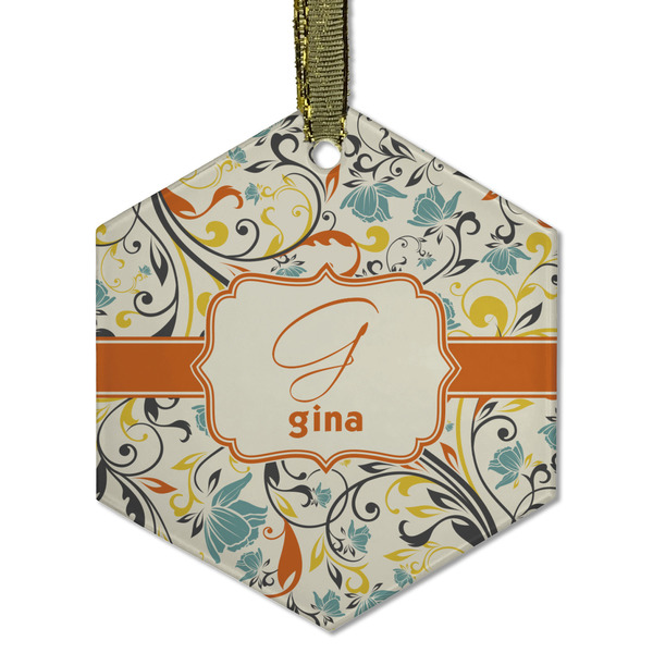 Custom Swirly Floral Flat Glass Ornament - Hexagon w/ Name and Initial