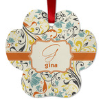 Swirly Floral Metal Paw Ornament - Double Sided w/ Name and Initial