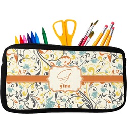 Swirly Floral Neoprene Pencil Case - Small w/ Name and Initial