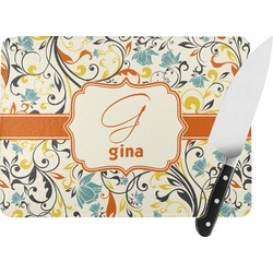 Swirly Floral Rectangular Glass Cutting Board - Large - 15.25"x11.25" w/ Name and Initial