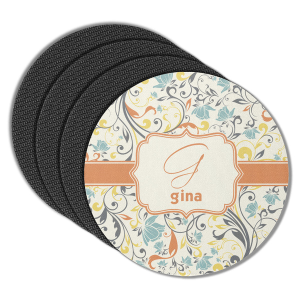 Custom Swirly Floral Round Rubber Backed Coasters - Set of 4 (Personalized)