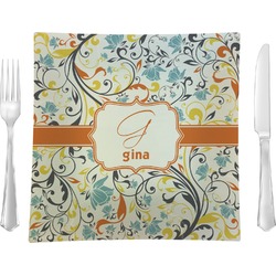 Swirly Floral Glass Square Lunch / Dinner Plate 9.5" (Personalized)