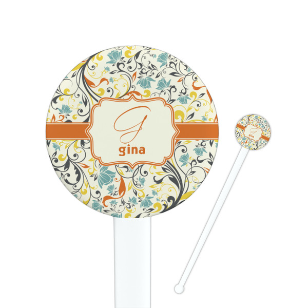 Custom Swirly Floral 7" Round Plastic Stir Sticks - White - Double Sided (Personalized)