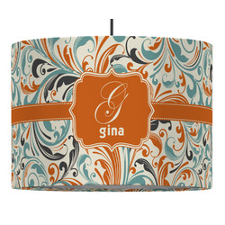 Orange & Blue Leafy Swirls 16" Drum Pendant Lamp - Fabric (Personalized)
