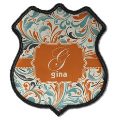 Orange & Blue Leafy Swirls Iron On Shield Patch C w/ Name and Initial