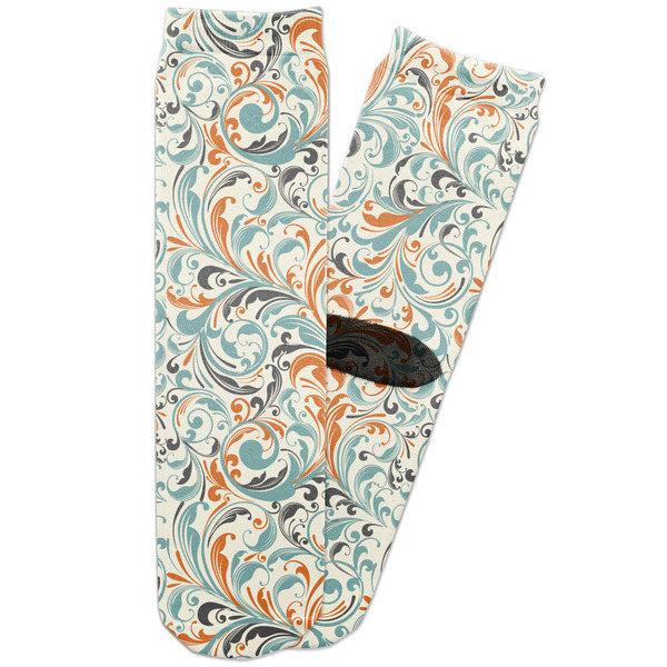 Custom Orange & Blue Leafy Swirls Adult Crew Socks